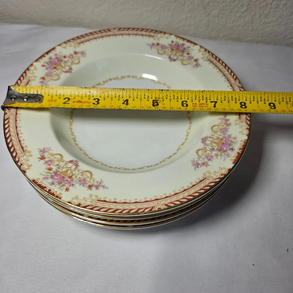 Set of 4 Noritake Japan Soup Bowls Pink Floral Gold Scroll Cream 9 Inch Rimmed
